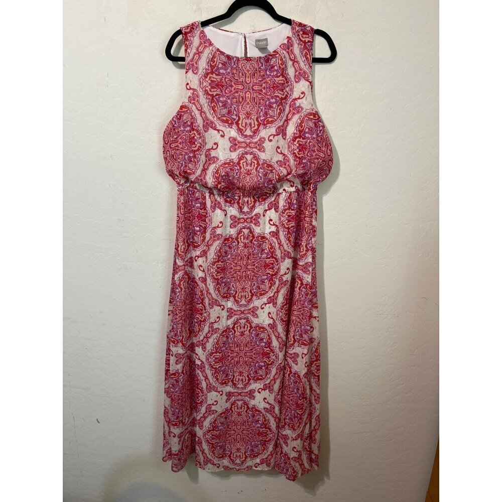 Chico's Sz 2 (US L 12) Red Purple Gold Lined Maxi Dress Novelty Print Dress